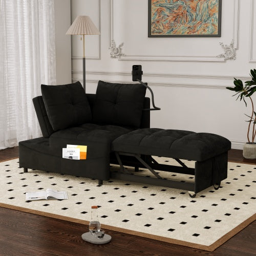 Multi-Length Versatile Foldable Velvet Sofa Bed, Modern Pull-Out Loveseat with Adjustable Back, USB port, and Swivel Phone Holder