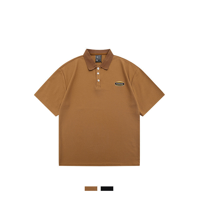 Retro Letter-Embroidered Contrast Lapel Short-Sleeve Shirt