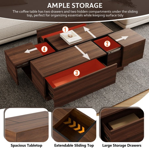 Rectangular Sliding Top Coffee Table With 2 Drawers And 2 Hidden Storage For Living Room.