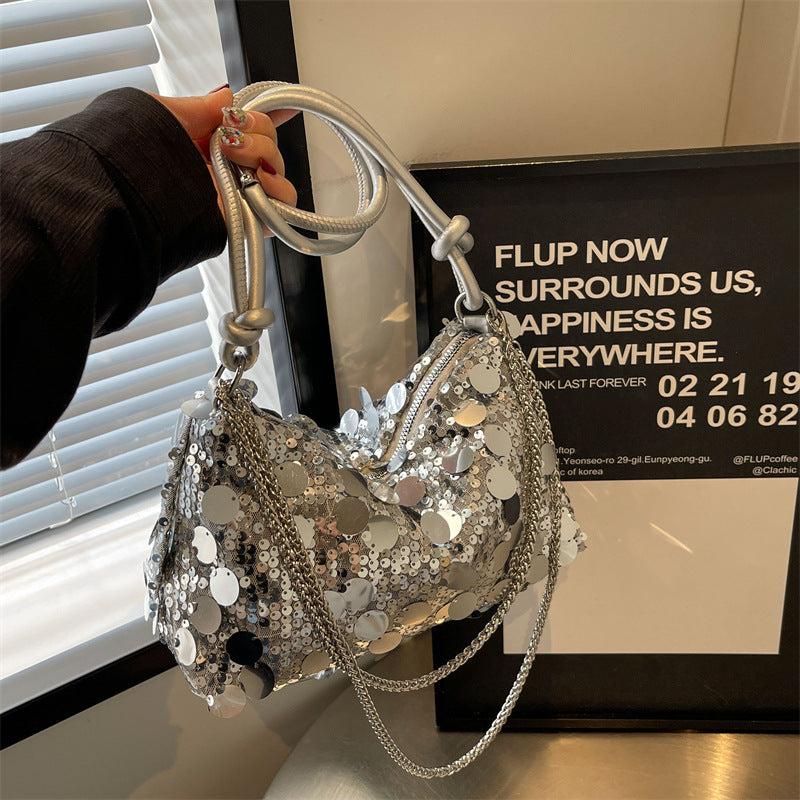 Sequined Chain-Strap Shoulder Messenger Pouch