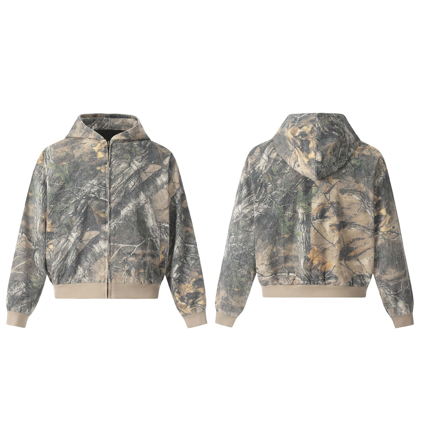 Vintage Tree-Print Camouflage Hooded Cardigan Sweater Jacket