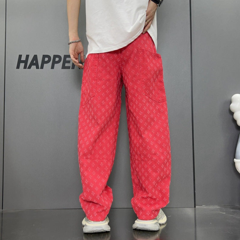 Straight Washed Denim Large Pocket Loose Pants