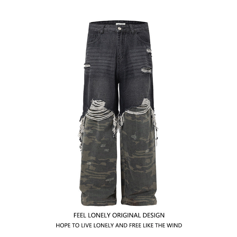 Men's USA High Street Camo Patchwork Wide-Leg Denim