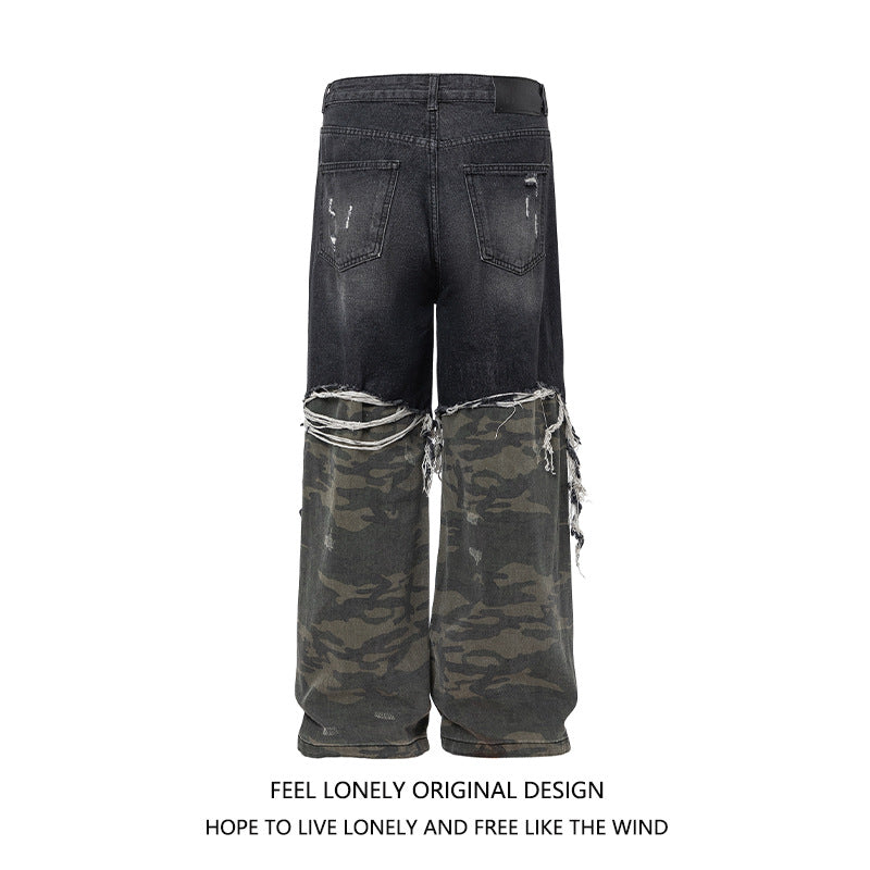 Men's USA High Street Camo Patchwork Wide-Leg Denim