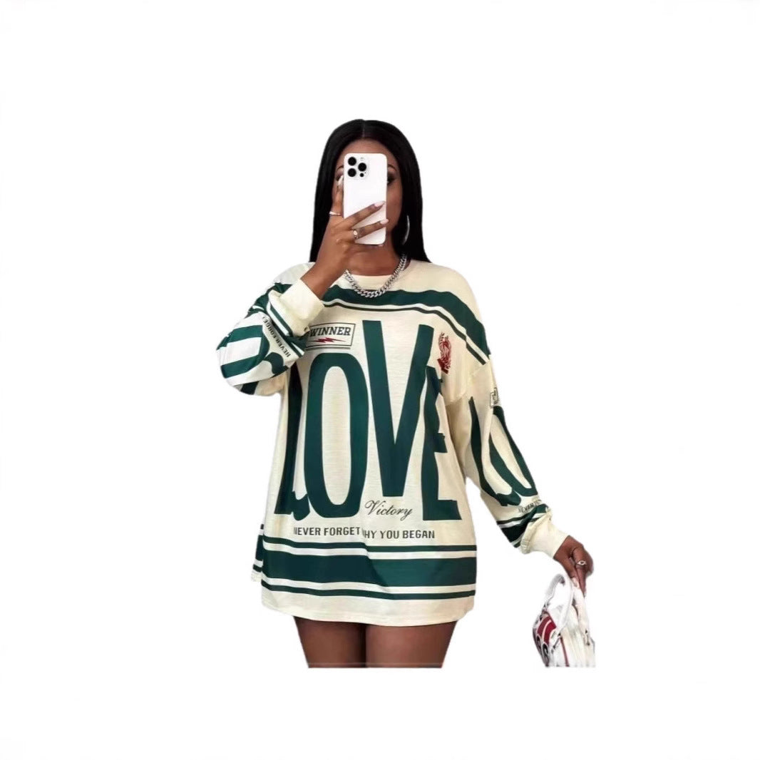 Women's Loose Long-Sleeve Top with Letter Prints Casual Style
