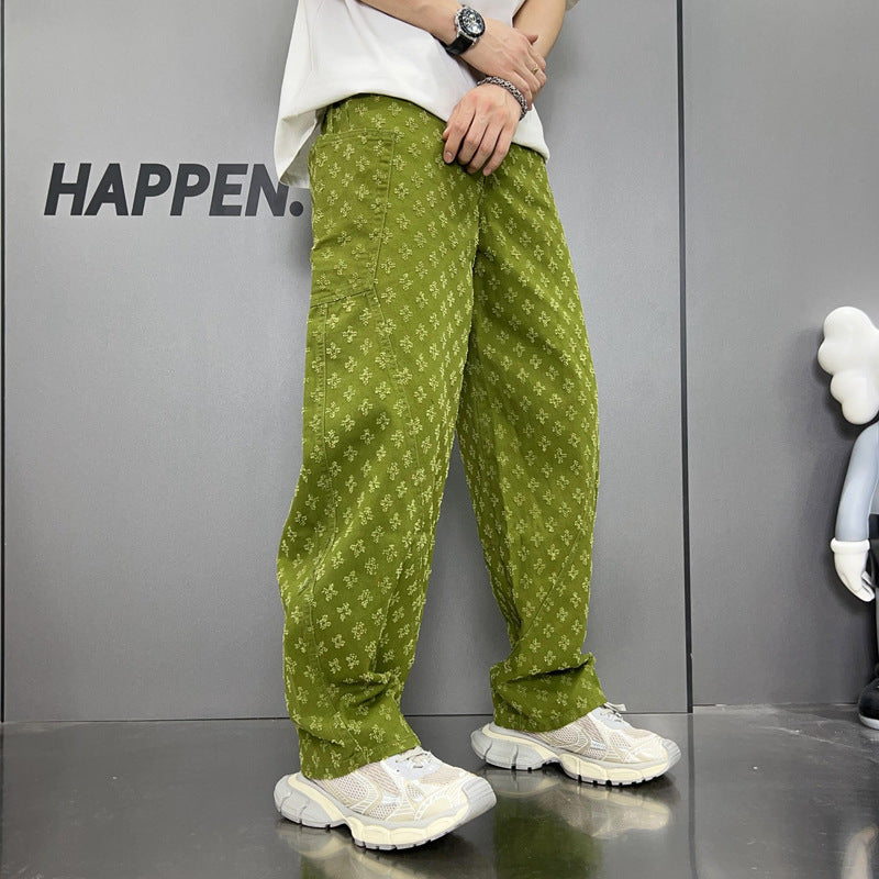 Straight Washed Denim Large Pocket Loose Pants
