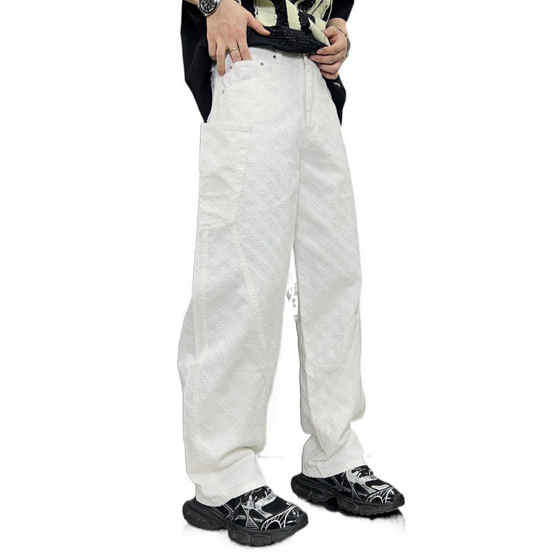 Straight Washed Denim Large Pocket Loose Pants