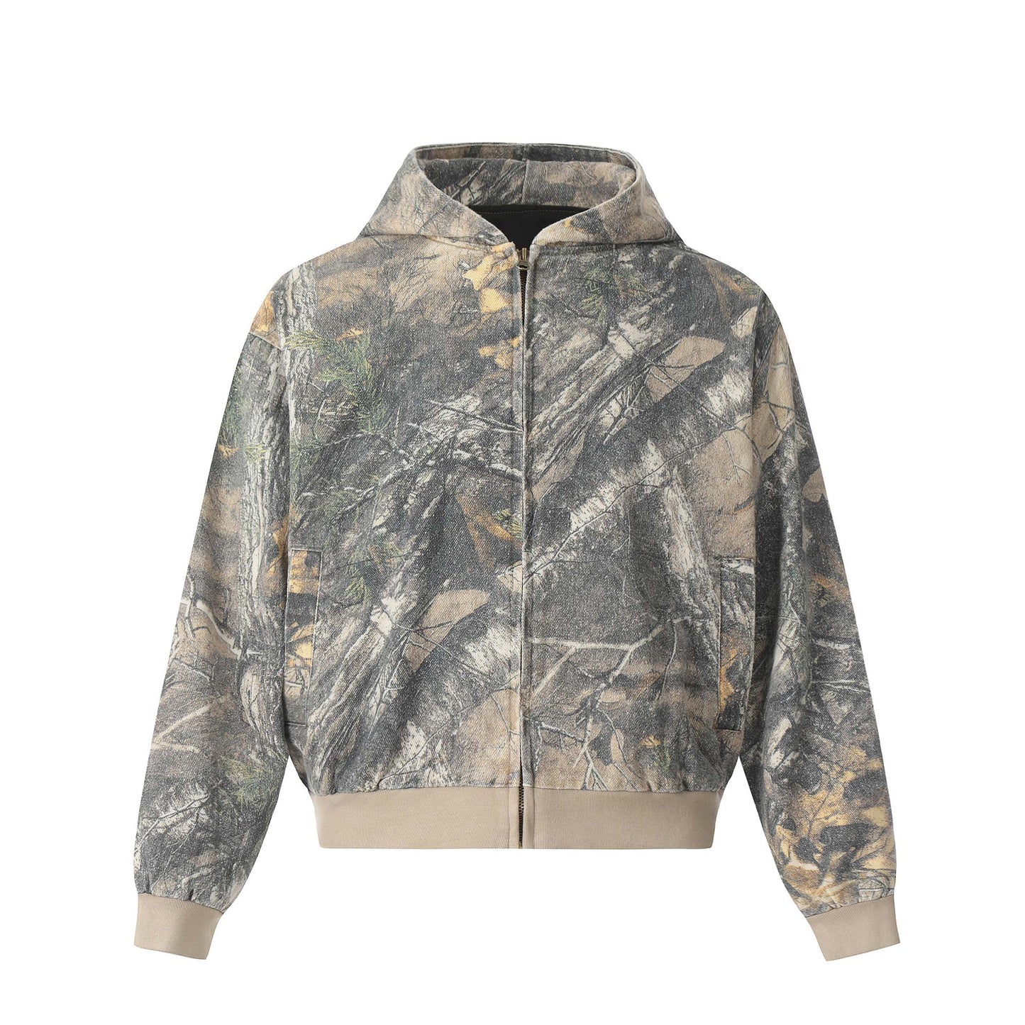 Vintage Tree-Print Camouflage Hooded Cardigan Sweater Jacket