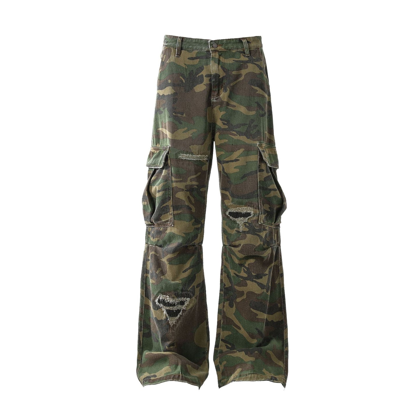 Retro Tattered Personalized Camouflage Workwear Jeans