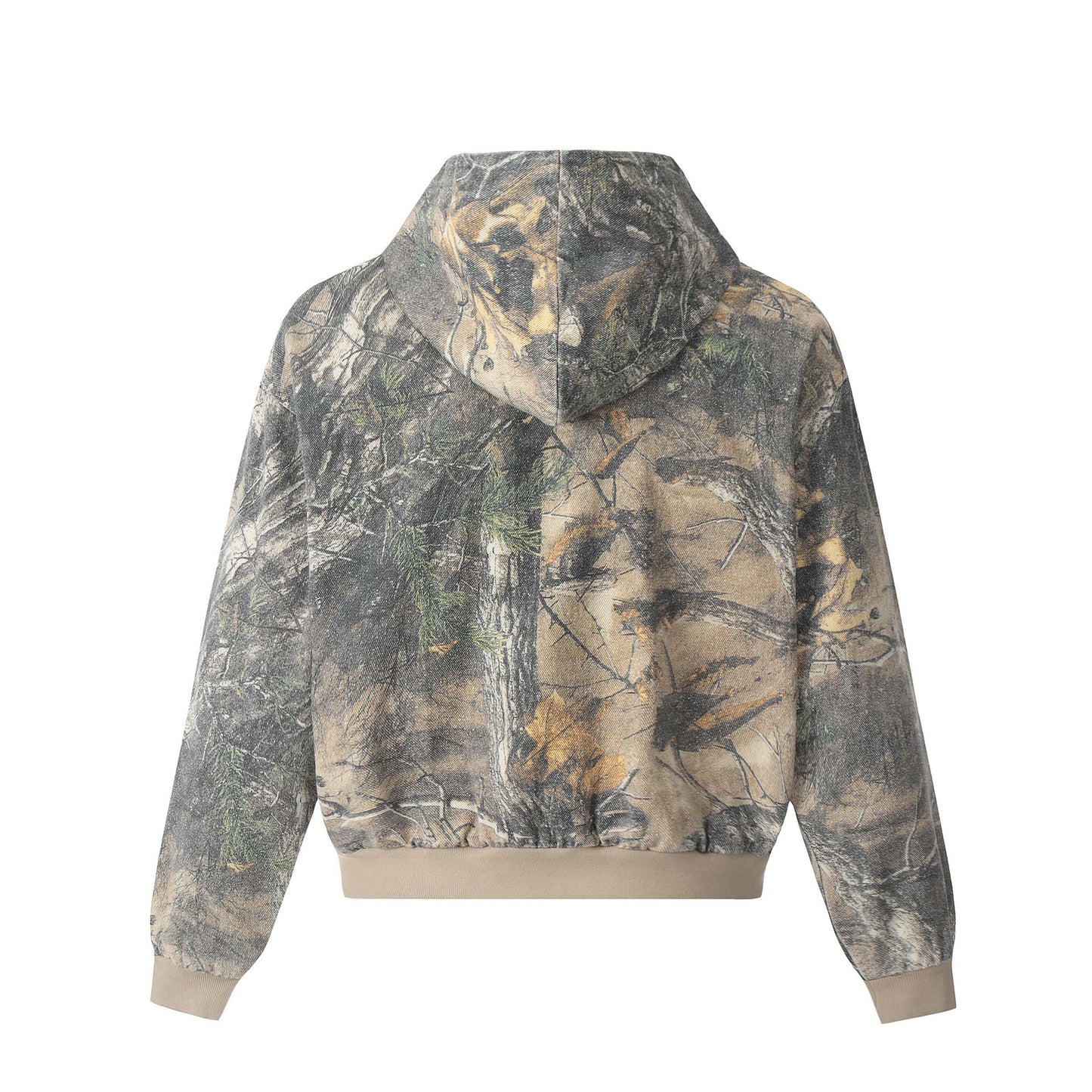 Vintage Tree-Print Camouflage Hooded Cardigan Sweater Jacket