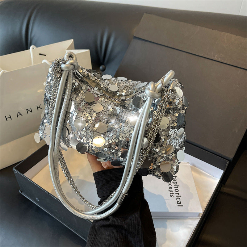 Sequined Chain-Strap Shoulder Messenger Pouch