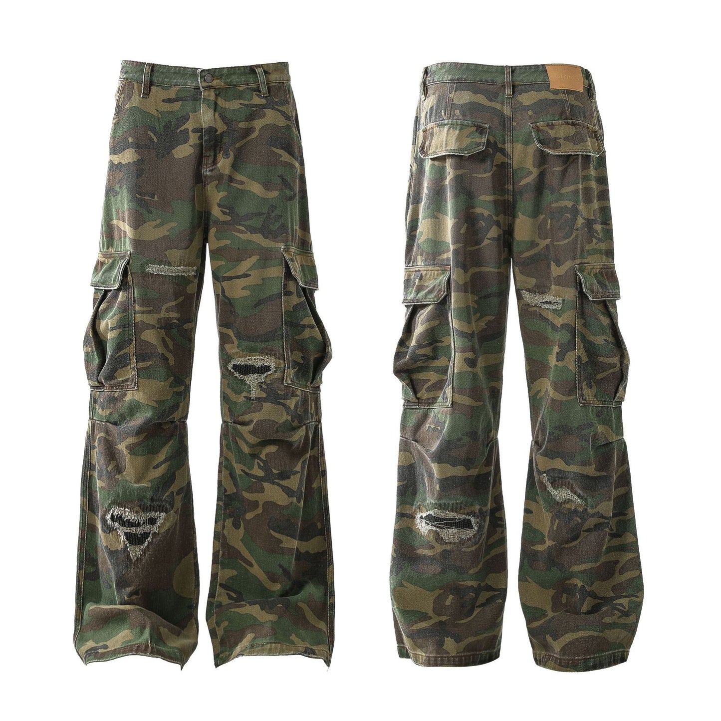 Retro Tattered Personalized Camouflage Workwear Jeans