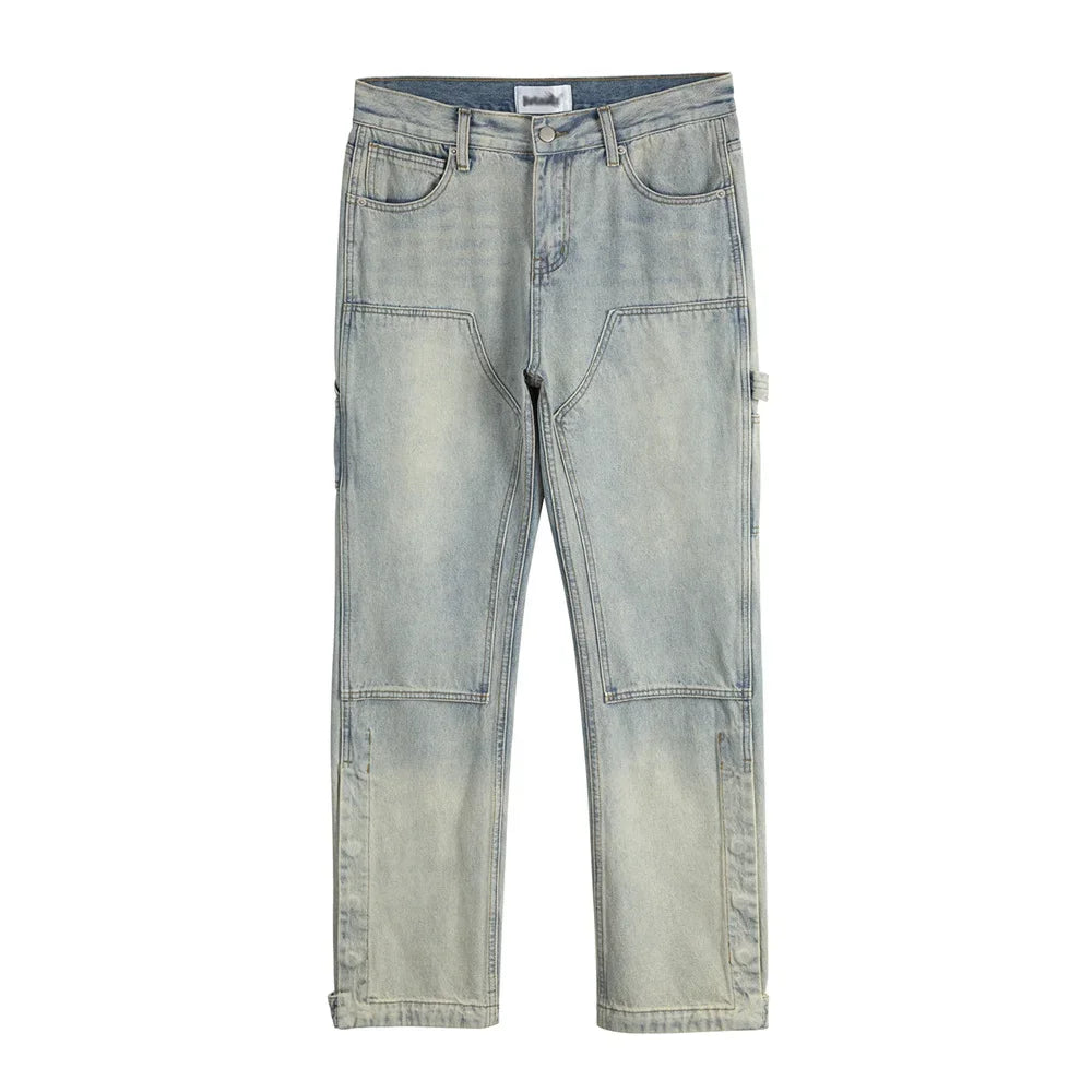 Washed Distressed Spliced Straight-leg Pants Mens Double Knee High Street Bottom Side Buttons Carpenter Jeans Men