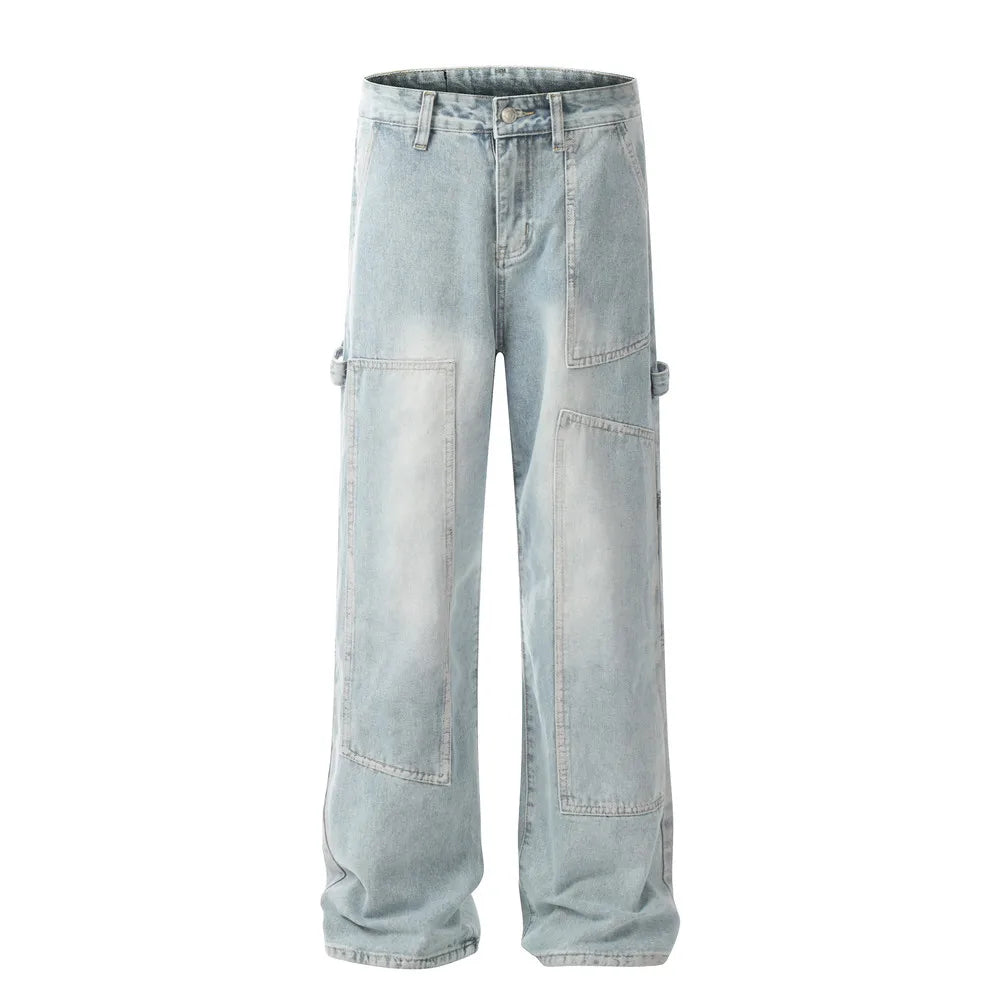 Double Knee Carpenter Denim Pants Mens Streetwear Straight Loose Wide Leg Washed Distressed Jeans Men Trousers