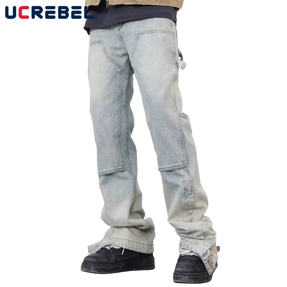Washed Distressed Spliced Straight-leg Pants Mens Double Knee High Street Bottom Side Buttons Carpenter Jeans Men