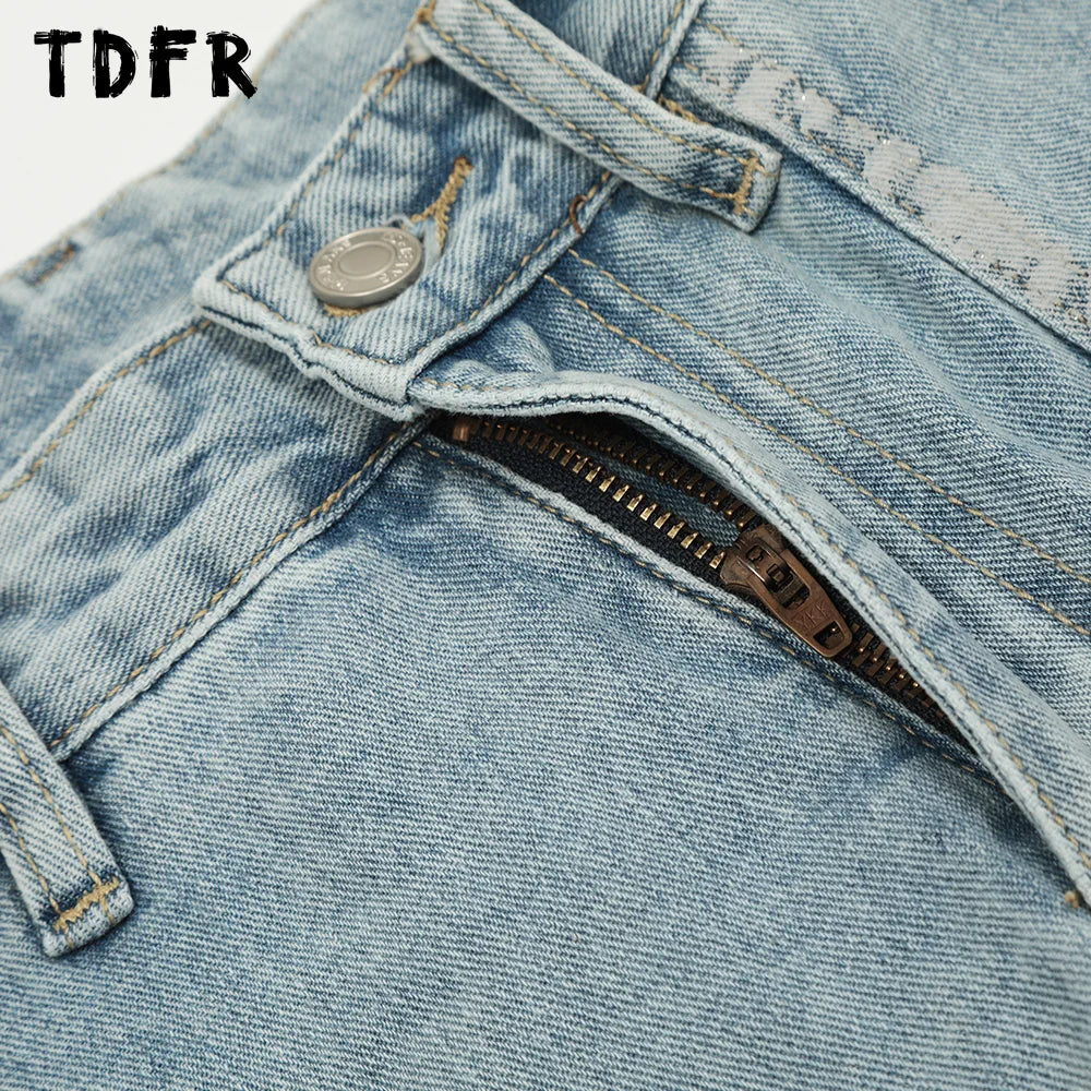 Double Knee Carpenter Denim Pants Mens Streetwear Straight Loose Wide Leg Washed Distressed Jeans Men Trousers