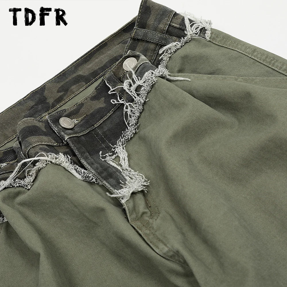 Ripped Spliced Cargo Pants Mens Double Knee Streetwear Loose Straight Carpenter Pant Men Trousers