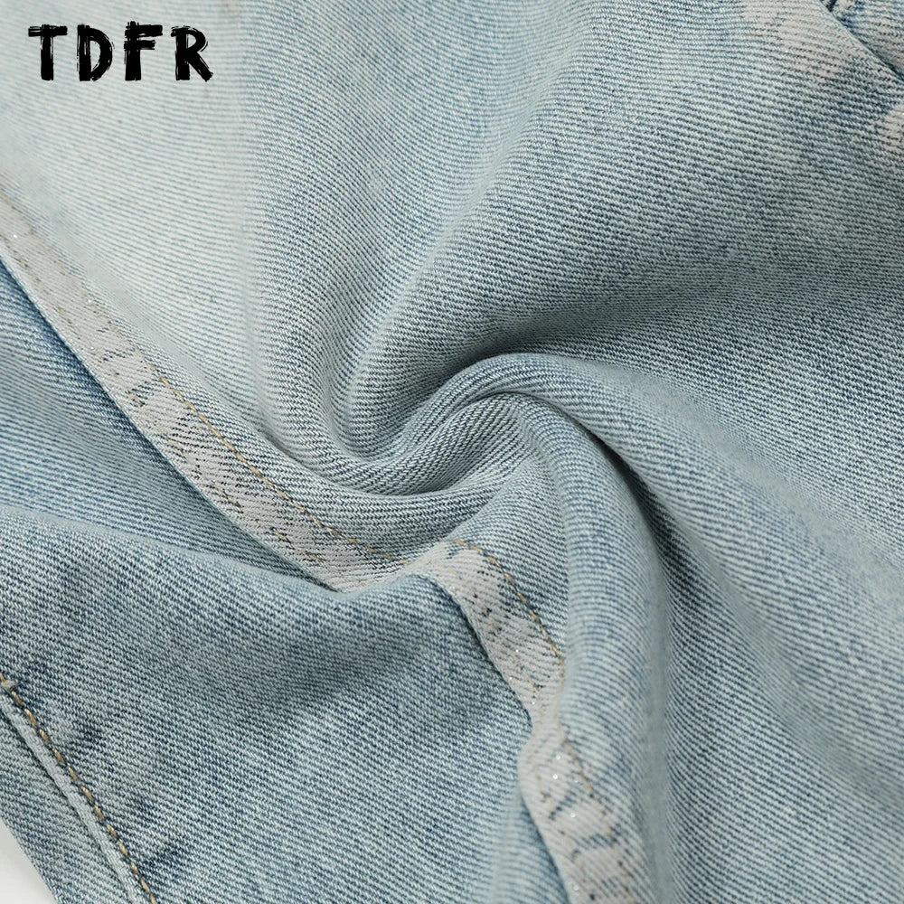 Double Knee Carpenter Denim Pants Mens Streetwear Straight Loose Wide Leg Washed Distressed Jeans Men Trousers