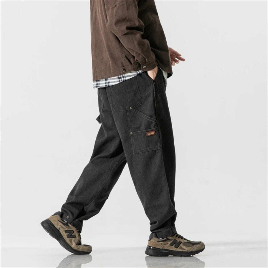 Mens Canvas Cargo Pants Harajuku Vintage Baggy Casual Pant Trousers Men Japan Streetwear Double Knee Splice Wide Leg Pants Male