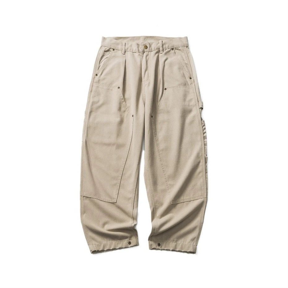 Mens Canvas Cargo Pants Harajuku Vintage Baggy Casual Pant Trousers Men Japan Streetwear Double Knee Splice Wide Leg Pants Male