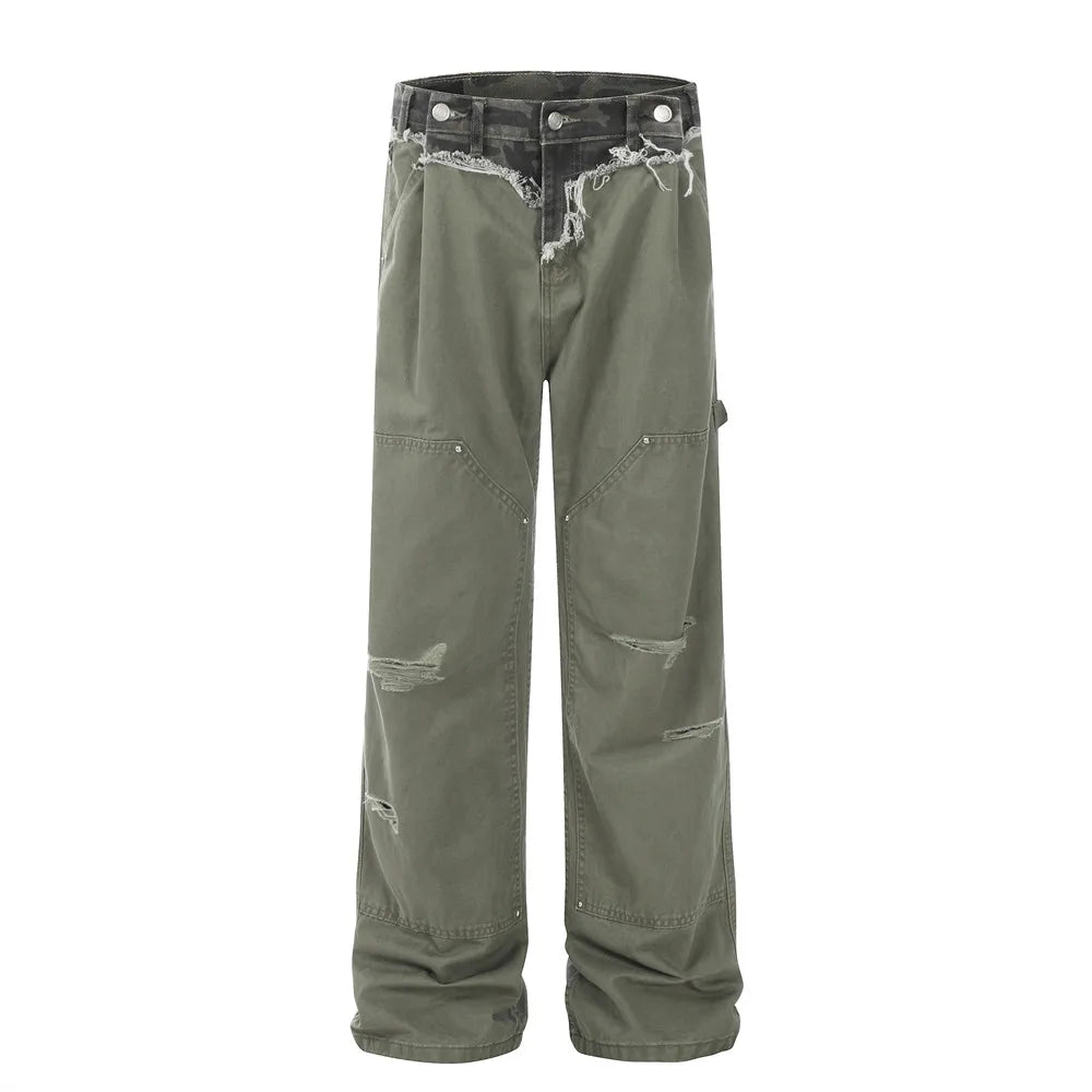 Ripped Spliced Cargo Pants Mens Double Knee Streetwear Loose Straight Carpenter Pant Men Trousers
