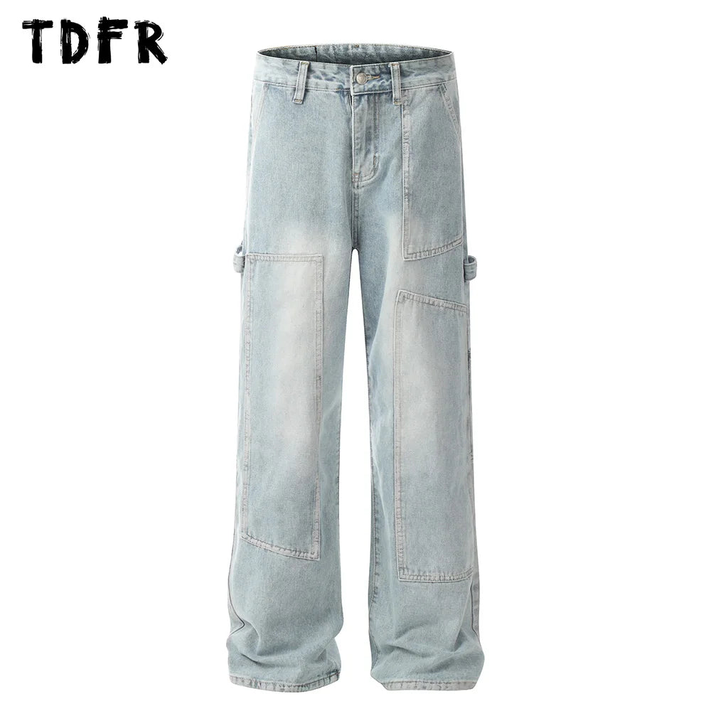 Double Knee Carpenter Denim Pants Mens Streetwear Straight Loose Wide Leg Washed Distressed Jeans Men Trousers