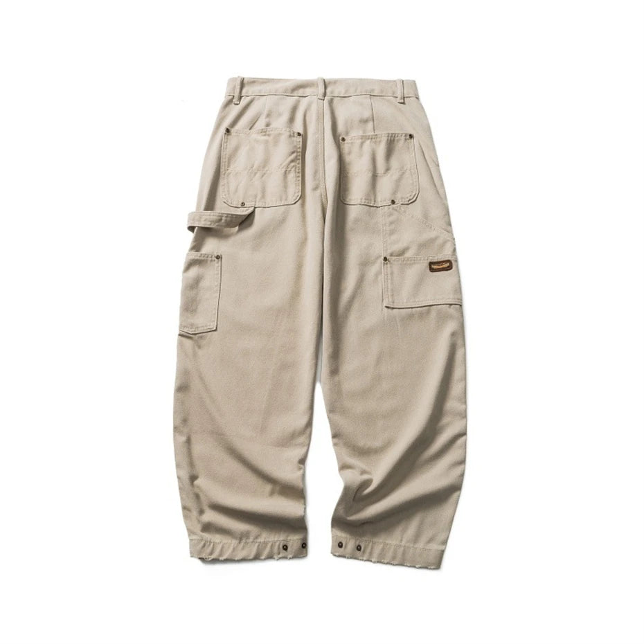 Mens Canvas Cargo Pants Harajuku Vintage Baggy Casual Pant Trousers Men Japan Streetwear Double Knee Splice Wide Leg Pants Male