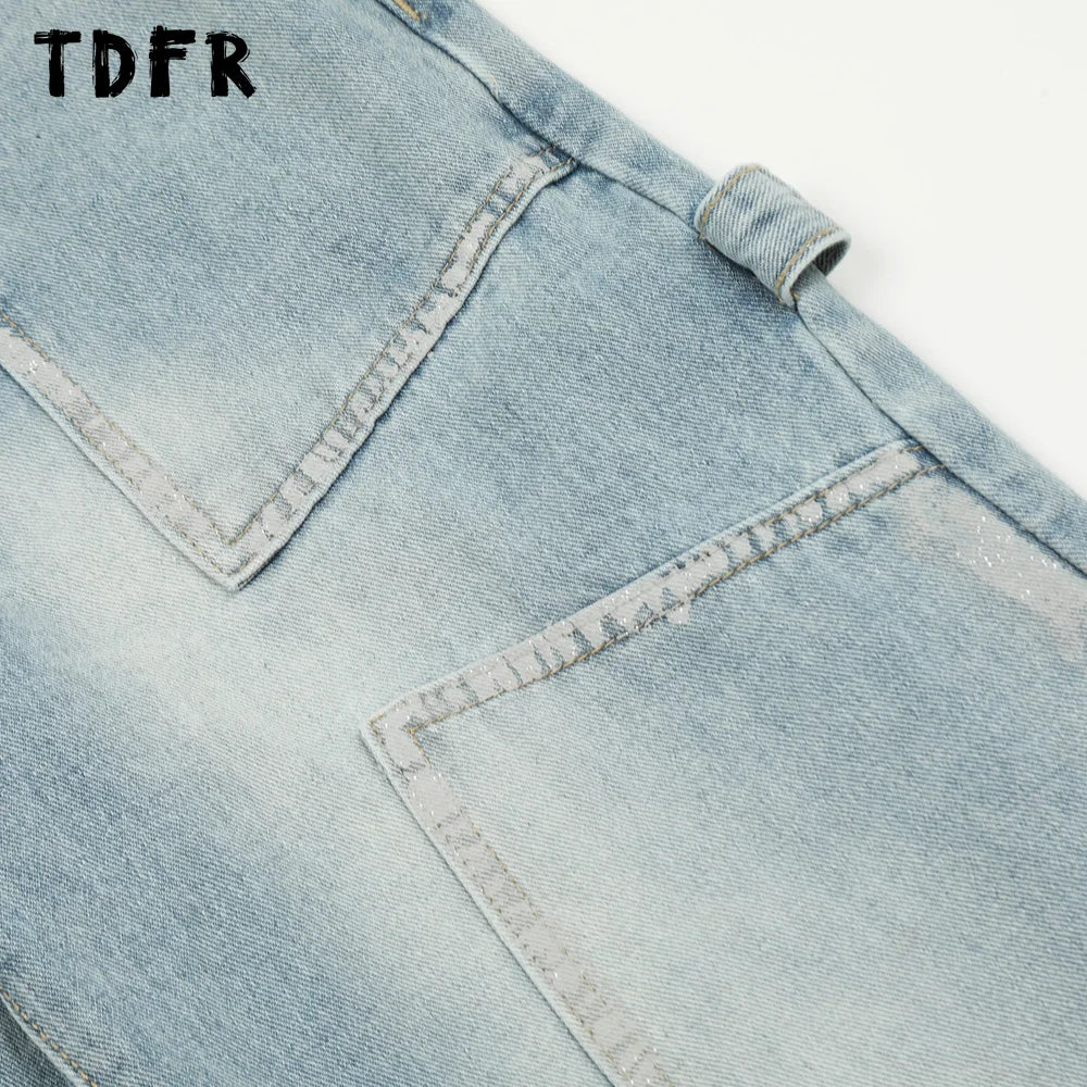 Double Knee Carpenter Denim Pants Mens Streetwear Straight Loose Wide Leg Washed Distressed Jeans Men Trousers