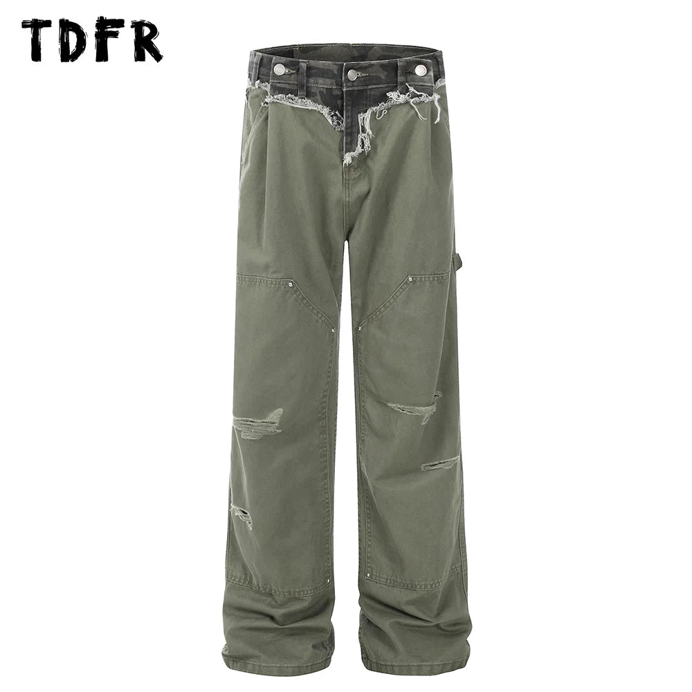 Ripped Spliced Cargo Pants Mens Double Knee Streetwear Loose Straight Carpenter Pant Men Trousers