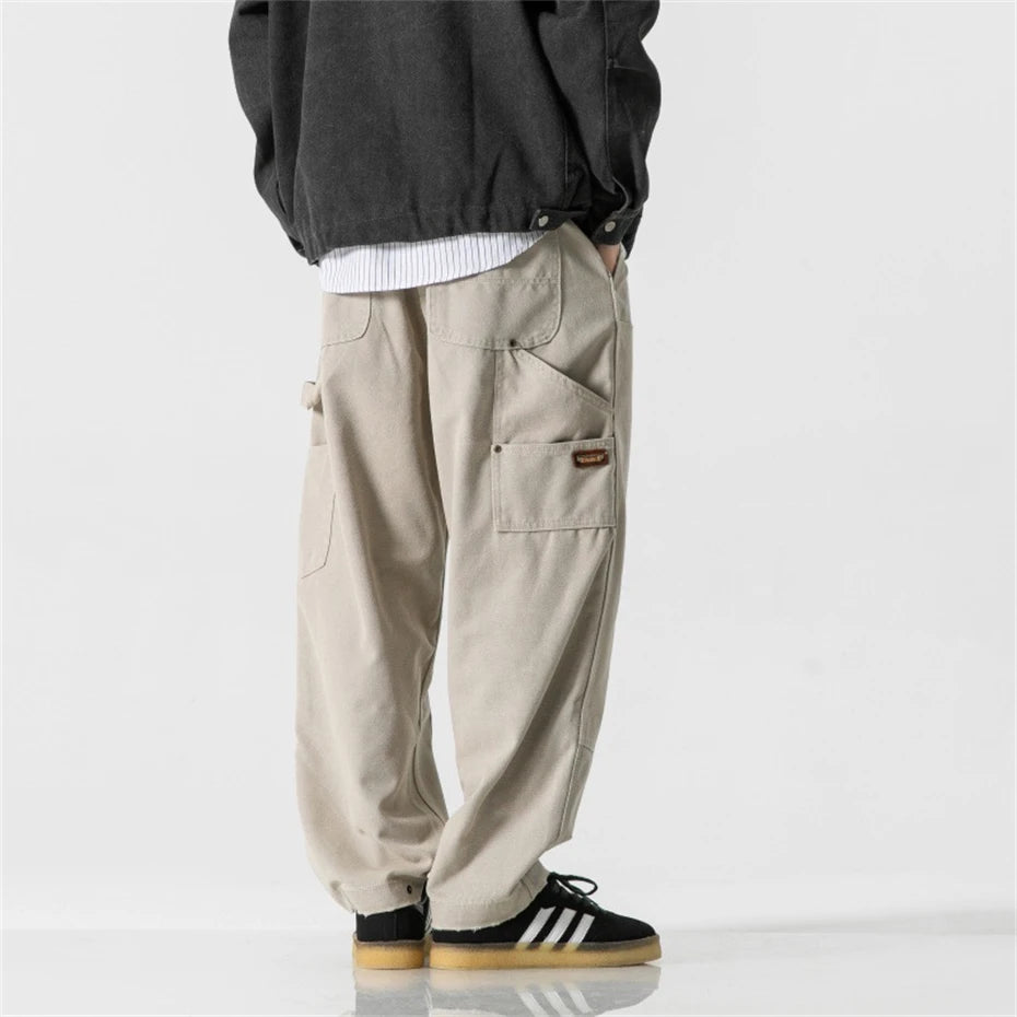 Mens Canvas Cargo Pants Harajuku Vintage Baggy Casual Pant Trousers Men Japan Streetwear Double Knee Splice Wide Leg Pants Male