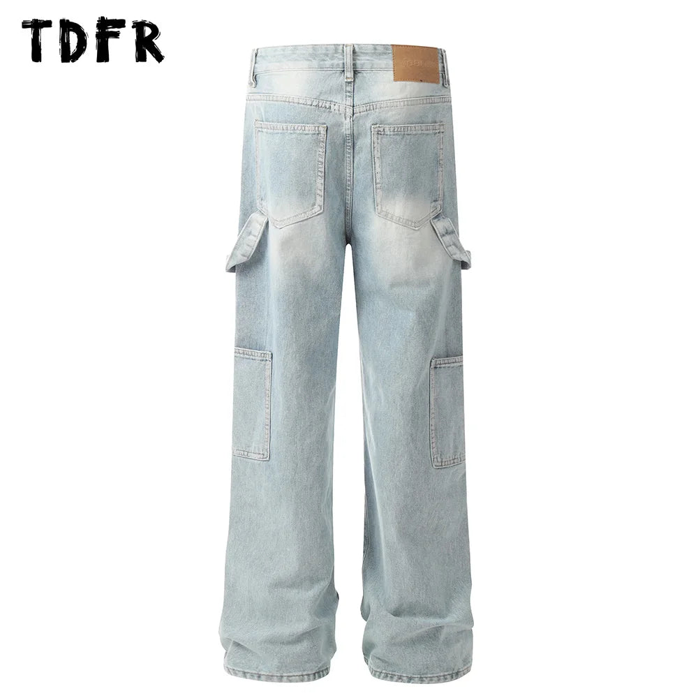 Double Knee Carpenter Denim Pants Mens Streetwear Straight Loose Wide Leg Washed Distressed Jeans Men Trousers