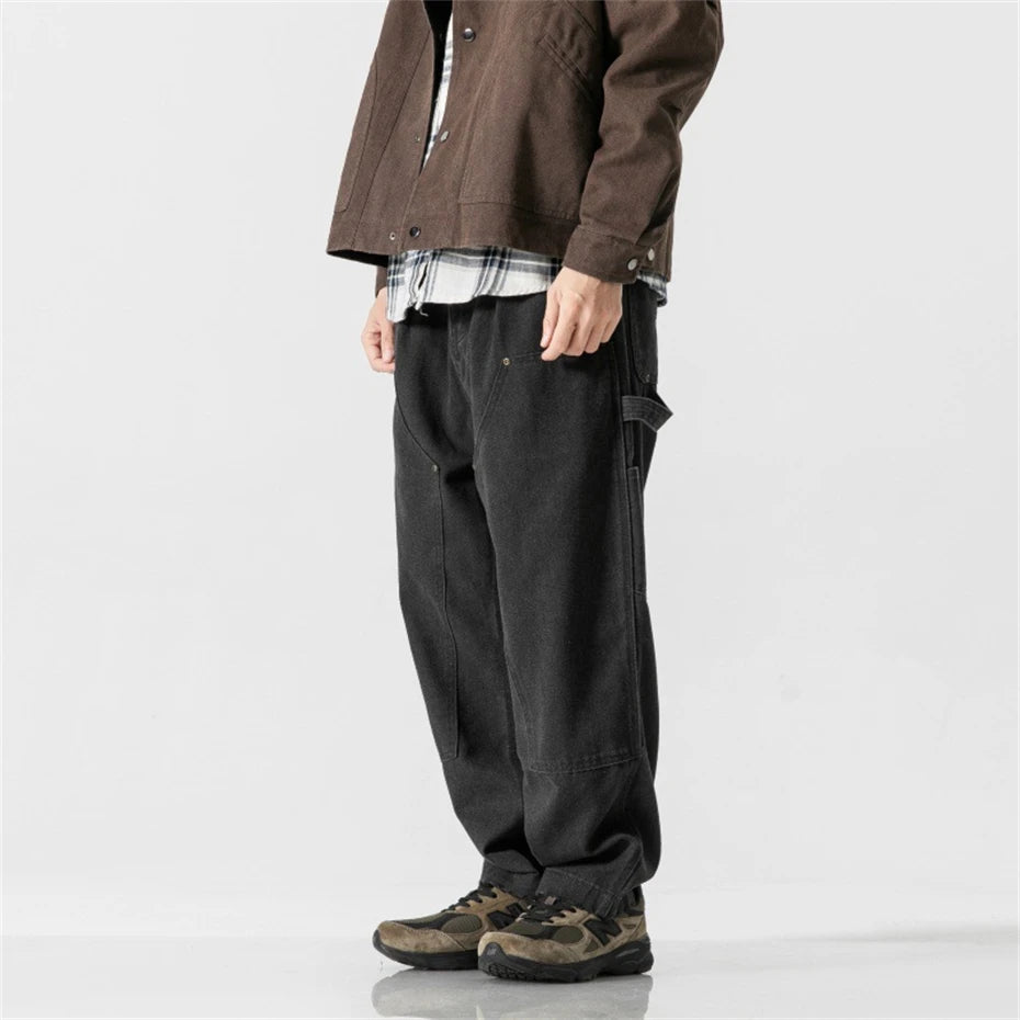 Mens Canvas Cargo Pants Harajuku Vintage Baggy Casual Pant Trousers Men Japan Streetwear Double Knee Splice Wide Leg Pants Male