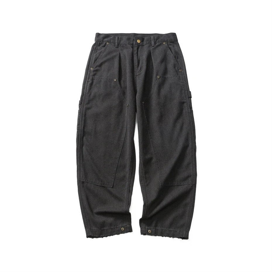 Mens Canvas Cargo Pants Harajuku Vintage Baggy Casual Pant Trousers Men Japan Streetwear Double Knee Splice Wide Leg Pants Male