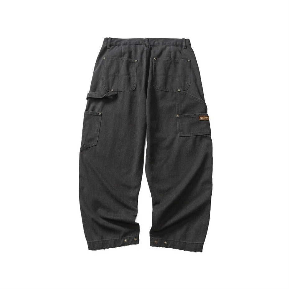 Mens Canvas Cargo Pants Harajuku Vintage Baggy Casual Pant Trousers Men Japan Streetwear Double Knee Splice Wide Leg Pants Male