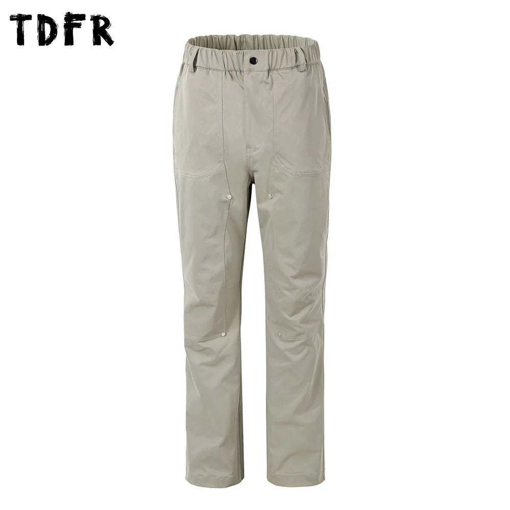 Solid Color Spliced Carpenter Pant Mens Double Knee Safari Style Elastic Waist Loose Cargo Pants Men Trousers