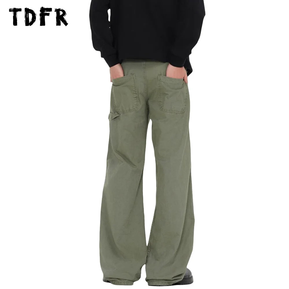 Ripped Spliced Cargo Pants Mens Double Knee Streetwear Loose Straight Carpenter Pant Men Trousers