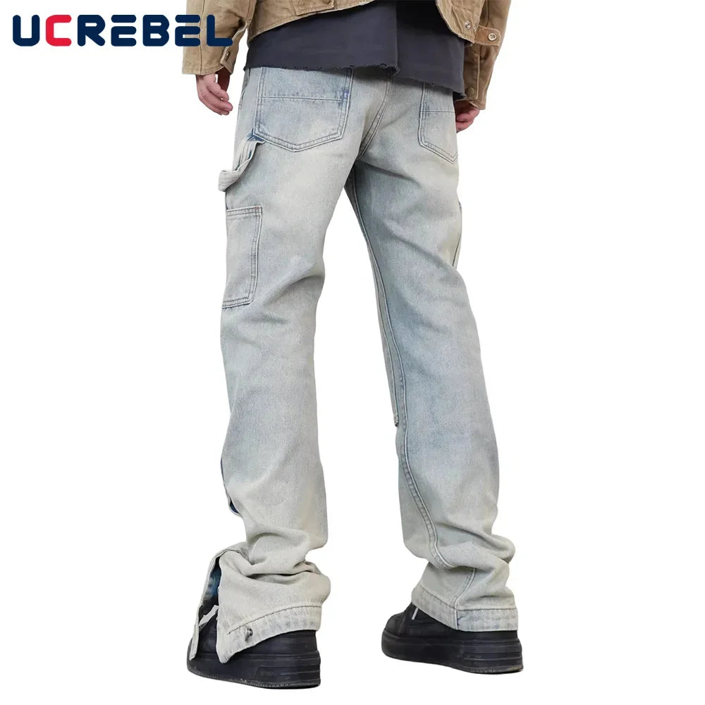 Washed Distressed Spliced Straight-leg Pants Mens Double Knee High Street Bottom Side Buttons Carpenter Jeans Men