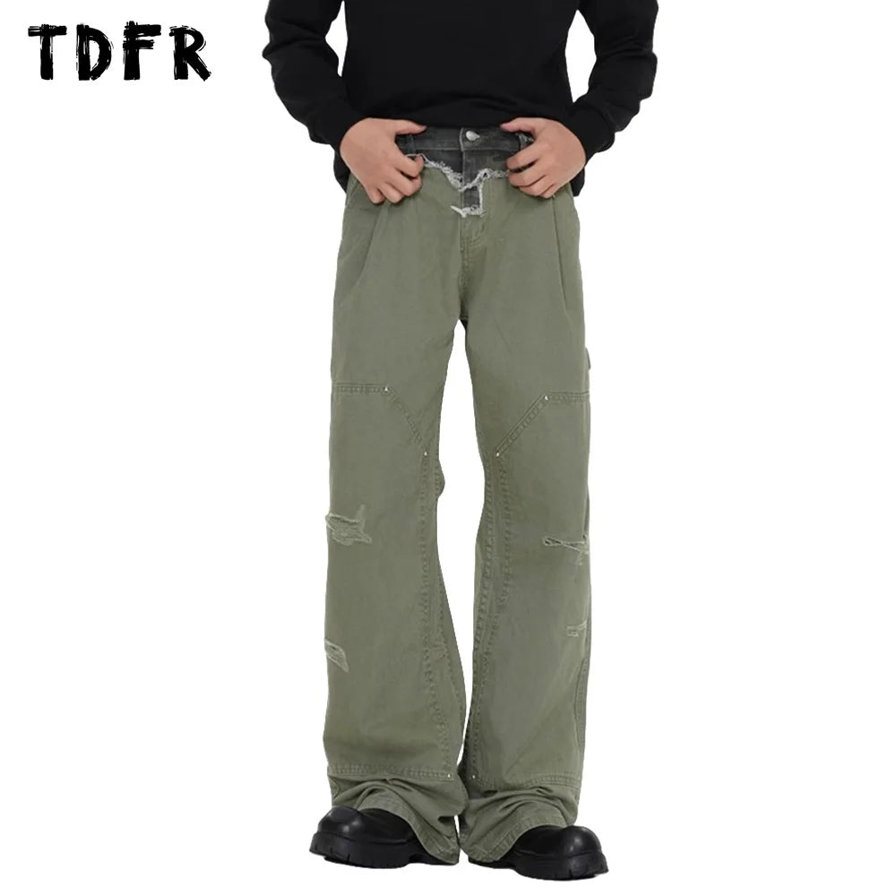Ripped Spliced Cargo Pants Mens Double Knee Streetwear Loose Straight Carpenter Pant Men Trousers