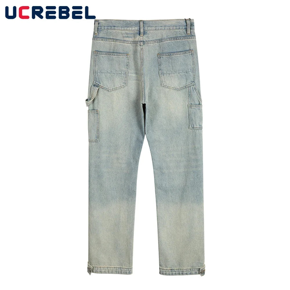 Washed Distressed Spliced Straight-leg Pants Mens Double Knee High Street Bottom Side Buttons Carpenter Jeans Men