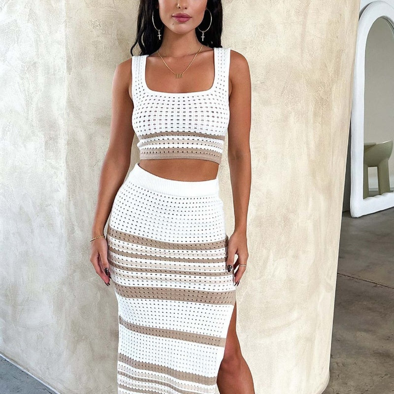 New Summer Knitting Suit with Sleeveless Vest and Slit Striped Skirt