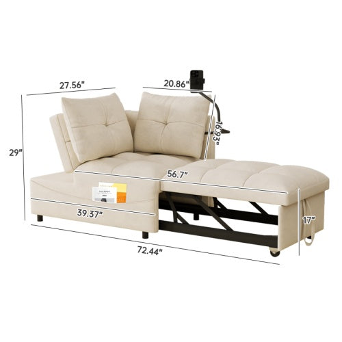 Multi-Length Versatile Foldable Velvet Sofa Bed, Modern Pull-Out Loveseat with Adjustable Back, USB port, and Swivel Phone Holder