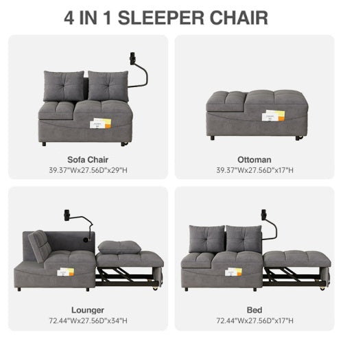 Multi-Length Versatile Foldable Velvet Sofa Bed, Modern Pull-Out Loveseat with Adjustable Back, USB port, and Swivel Phone Holder