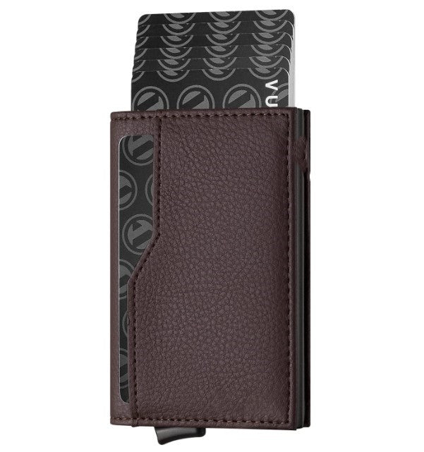 RFID-Blocking Leather Credit Card Wallet with Dual ID Windows and Automatic Pop-Up Feature