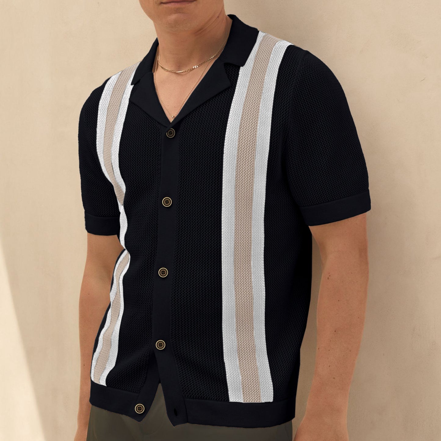 Cuban Collar Short Sleeve Knitted Cardigan