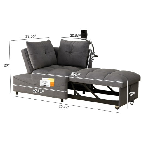 Multi-Length Versatile Foldable Velvet Sofa Bed, Modern Pull-Out Loveseat with Adjustable Back, USB port, and Swivel Phone Holder
