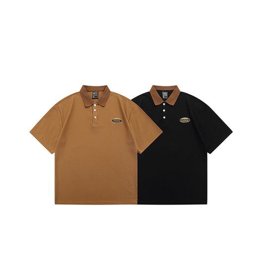 Retro Letter-Embroidered Contrast Lapel Short-Sleeve Shirt