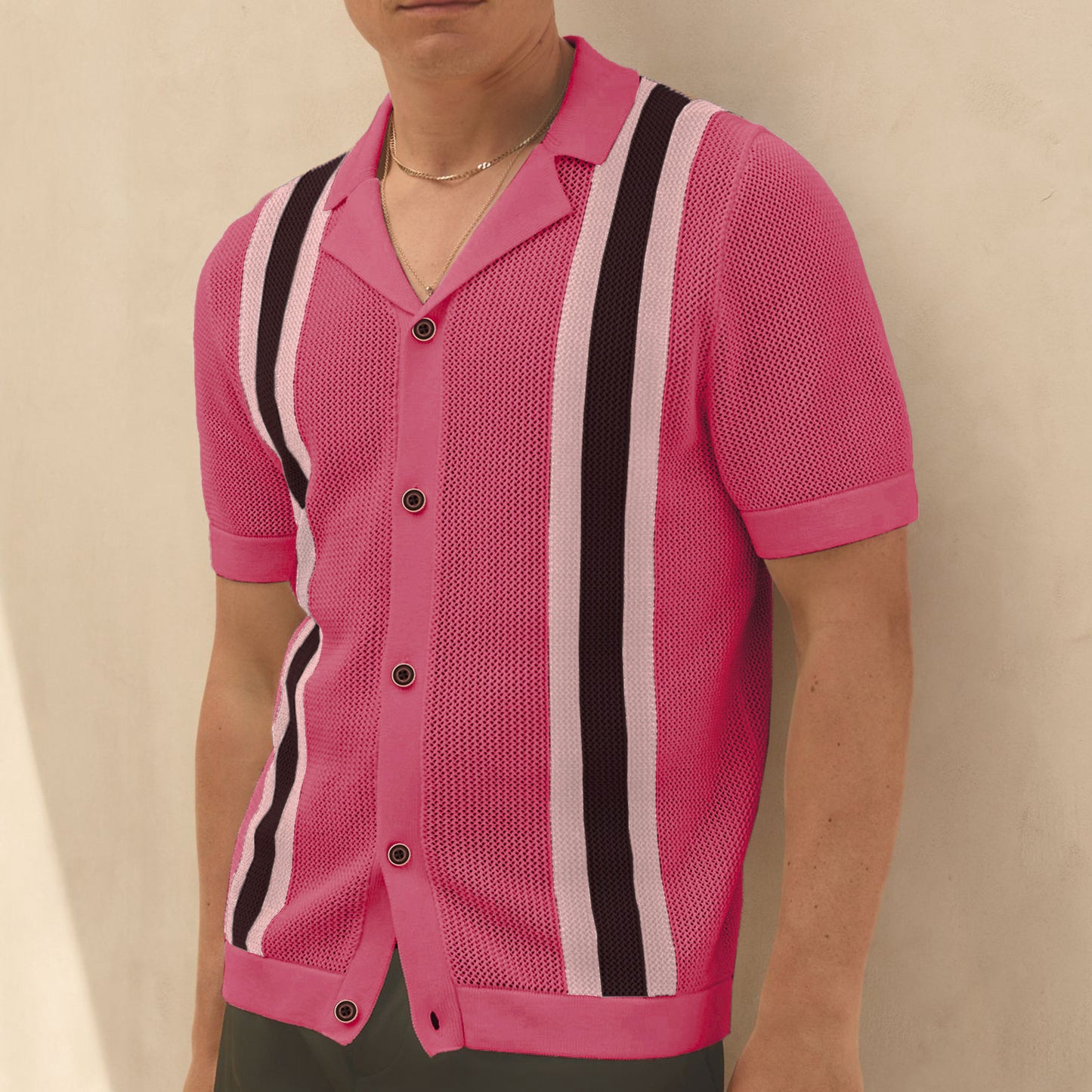 Cuban Collar Short Sleeve Knitted Cardigan