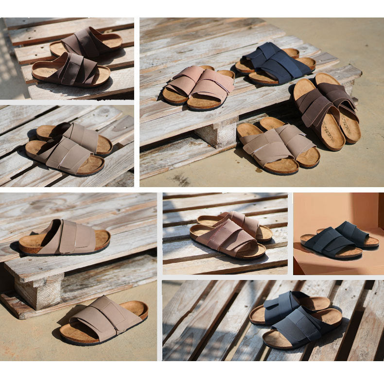 Couple Beach Wear Leather Surface Cork Sandals