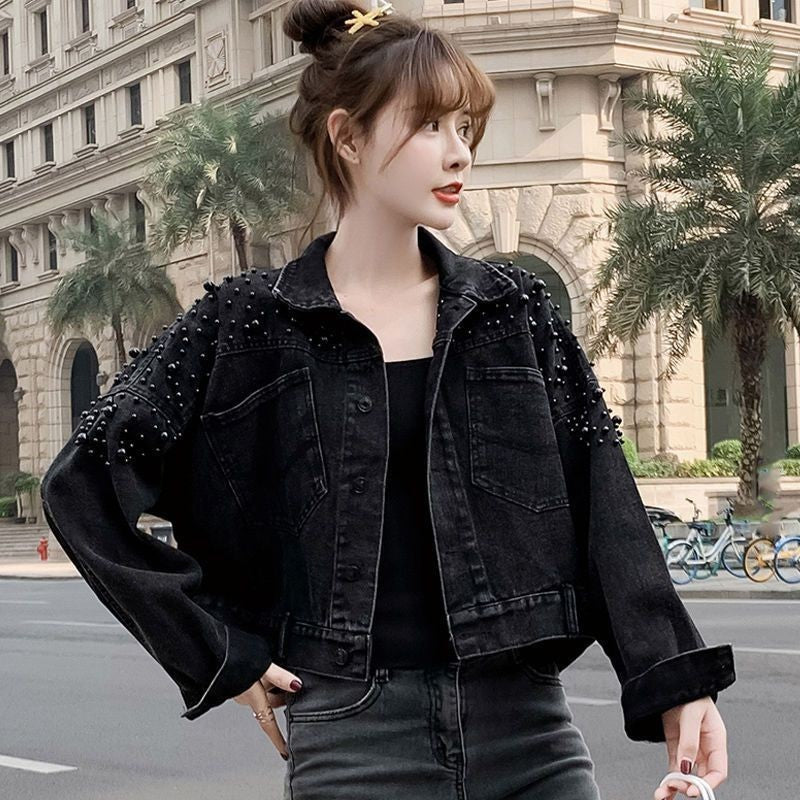 Heavy Industry Beads Denim Coat Women's Slimming