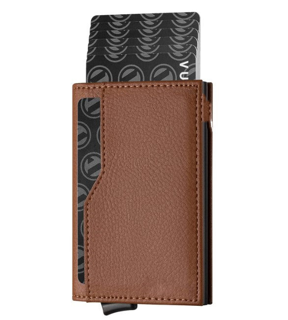 RFID-Blocking Leather Credit Card Wallet with Dual ID Windows and Automatic Pop-Up Feature